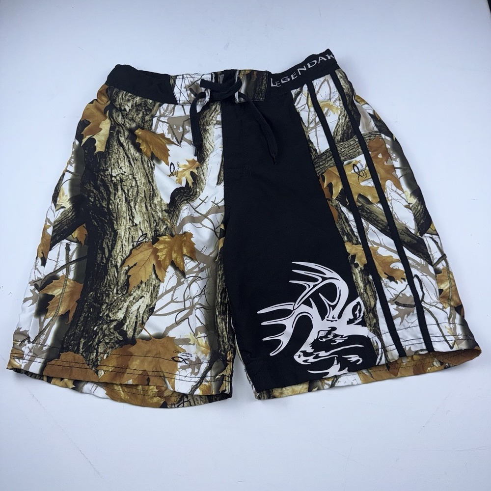 Legendary Whitetails Board Shorts Men Med Camo Black Buck Logo Swim Trunks Beach